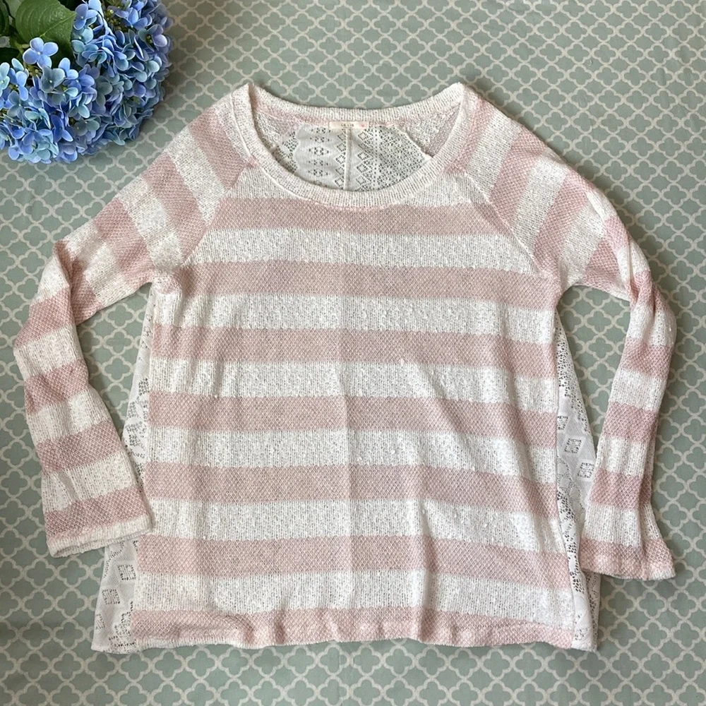 Le Lis Stripe Crewneck Sweater Lace Blouse L